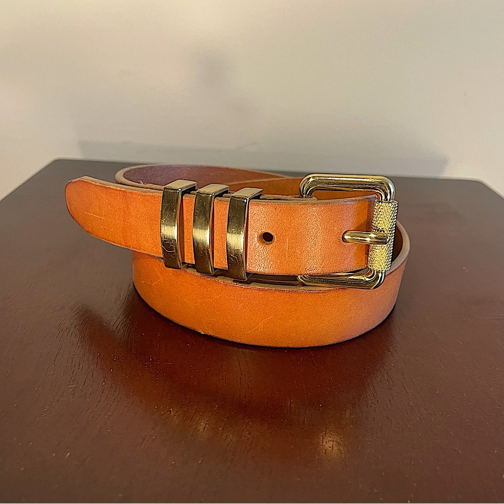 J.Crew Italian Leather Belt Light Brown Gold Square Buckle 3 Bar Loops Women’s M